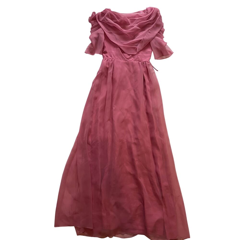 VTG 70s 80s Pink Chiffon Off The Shoulder Maxi Dress Bridesmaid Gown Small 11/12